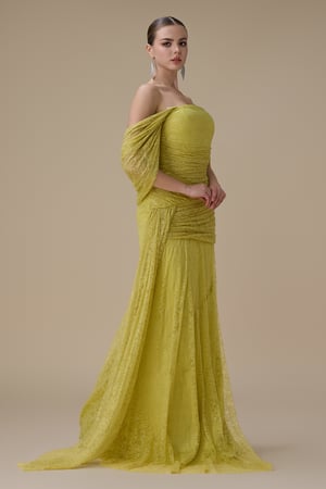 فستان دانتيل اوف شولدر بلون ليموني