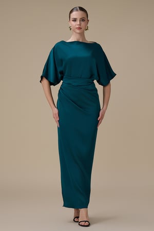 فستان طويل تركواز بدرابيه جانبي