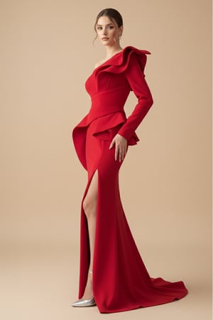 فستان سهرة طويل لون أحمر بكتف واحد