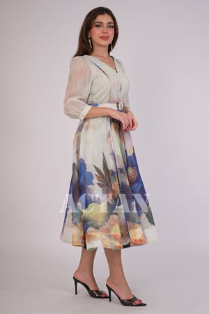 فستان ميدي مورد بقصة أنيقة لون أزرق