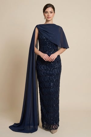 فستان طويل كحلي مع كيب شيفون