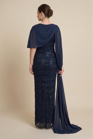 فستان طويل كحلي مع كيب شيفون