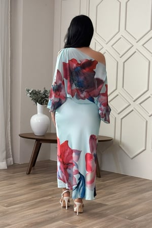 فستان قطعتين ساتان بطبعة أزهار لون أزرق