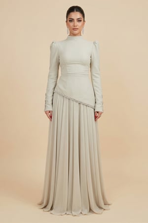 فستان طويل سهرة أخضر فاتح بياقة عالية