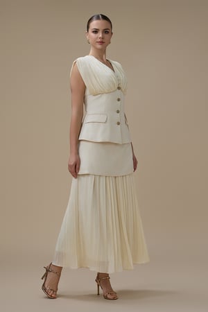 طقم سكري بصديري مزرر وتنورة ماكسي بليسيه