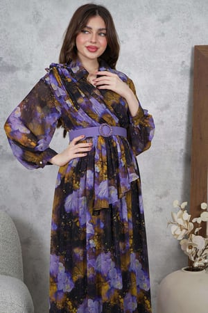 فستان ماكسي بنمط أزهار لون بنفسجي