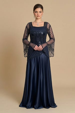 فستان سهرة طويل كحلي ساتان