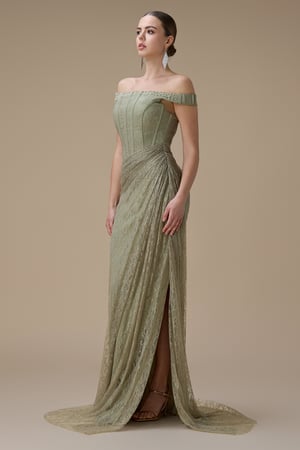 فستان دانتيل أخضر طويل أوف شولدر