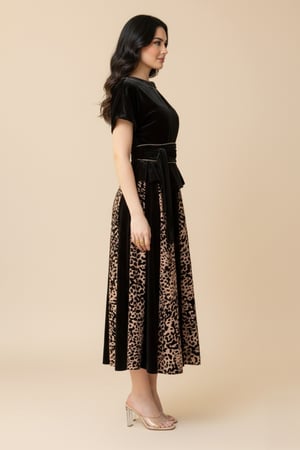 فستان ميدي مخملي بنقشة فهد مع حزام لف