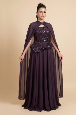فستان طويل بنفسجي مع كيب شيفون
