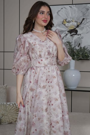 فستان ميدي مشجر بأكمام بف