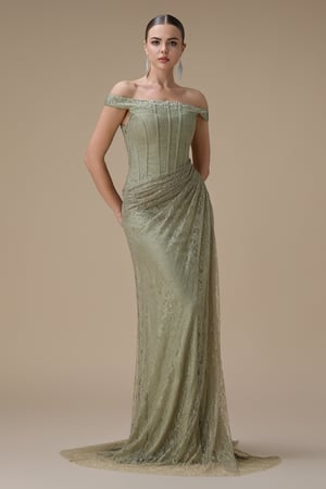 فستان دانتيل أخضر طويل أوف شولدر
