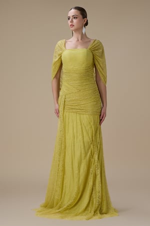 فستان دانتيل اوف شولدر بلون ليموني