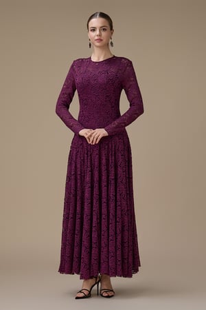 فستان دانتيل عنابي طويل بأكمام كاملة