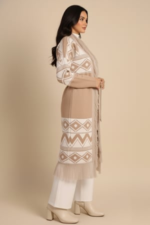 معطف سويتر بوهيمي بأكمام طويلة لون بيج