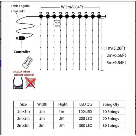 سلسلة ستارة LED صفراء 3×3 متر مع ريموت و8 أوضاع إضاءة USB