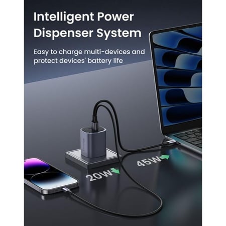 شاحن جداري يوجرين نيكسود S بتقنية GaN بمنفذين USB-C ومنفذ USB وبقوة 65