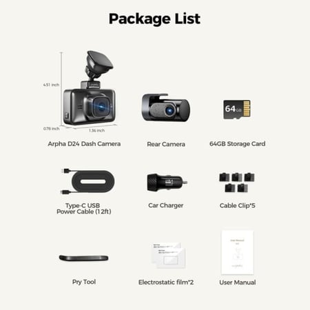 داش كام Arpha D24 بدقة 4K قناتين أمامي وخلفي – أسود
