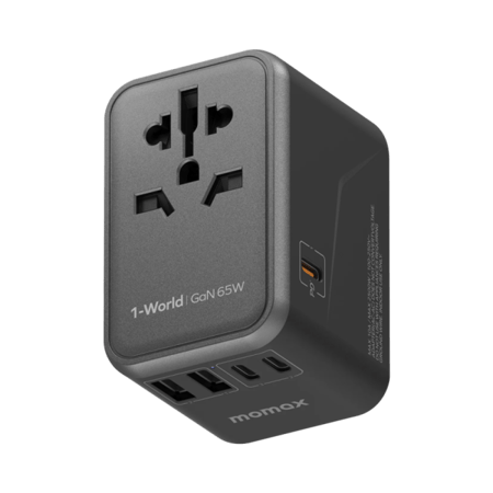 شاحن وفيش سفر موماكس بتقنية الشحن السريع GaN PD بـ 5 منافذ وبقوة 65 واط UA8D - أسود