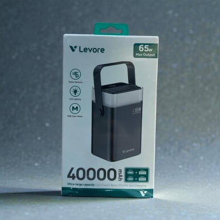 ليفوري - بطارية متنقلة بسعة 40000 ملي امبير بقوة 65 واط 2 منفاذ تايب سي 2 منافذ USB مع اضاءة