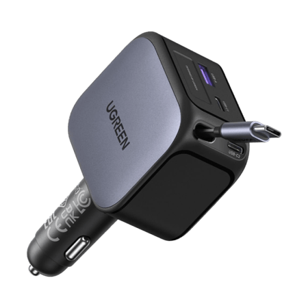 شاحن سيارة يوجرين بسلك قابل للسحب بمنفذين USB-C ومنفذ USB وبقوة 145 واط - رمادي