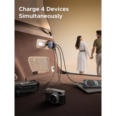 شاحن سيارة يوجرين بسلك قابل للسحب بمنفذين USB-C ومنفذ USB وبقوة 145 واط - رمادي