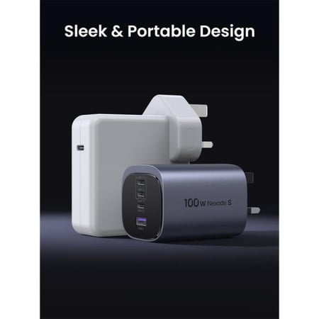 يوجرين - شاحن جداري نيكسود S بقوة 100 واط بتقنية GaN بثلاث منافذ USB-C ومنفذ USB - رمادي