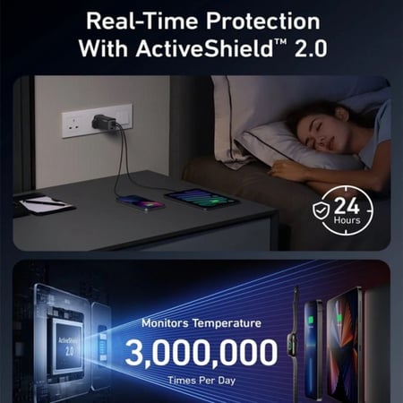 شاحن جداري انكر بتقنية جان برايم بقوة 65 واط و 3 منافذ - ذهبي