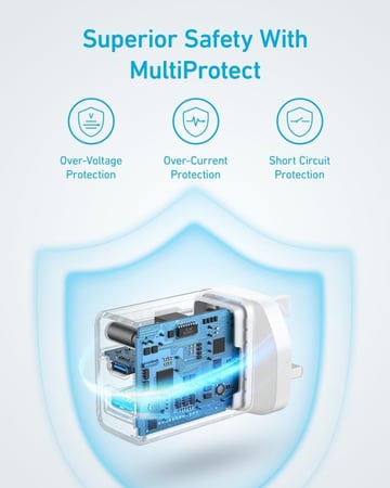 انكر فيش شاحن جداري منفذ تايب سي ومنفذ USB بقوة 20 واط - ابيض