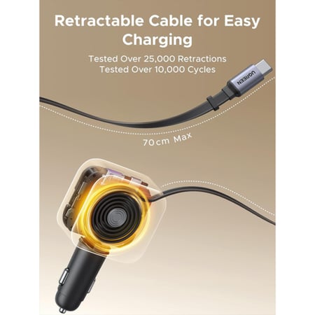 شاحن سيارة يوجرين بسلك قابل للسحب بمنفذين USB-C ومنفذ USB وبقوة 145 واط - رمادي