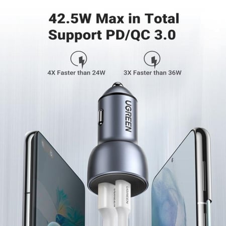 شاحن سيارة يوجرين بمنفذ PD ومنفذ USB وبمجموع القوة 52.5 واط - رمادي