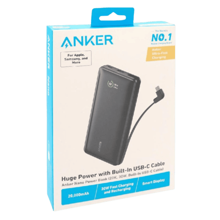 انكر - بطارية Zolo متنقلة مع كيبل مدمج تايب سي بقوة 30 واط بسعة 20000mAh