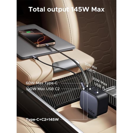 شاحن سيارة يوجرين بسلك قابل للسحب بمنفذين USB-C ومنفذ USB وبقوة 145 واط - رمادي