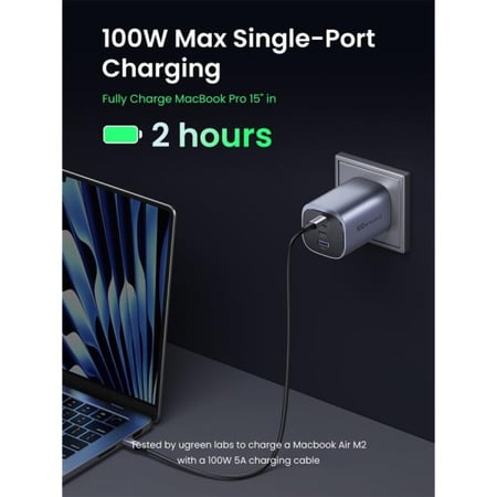 يوجرين - شاحن جداري نيكسود S بقوة 100 واط بتقنية GaN بثلاث منافذ USB-C ومنفذ USB - رمادي