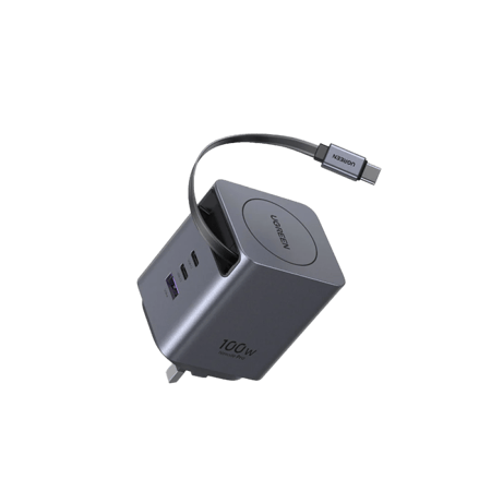 شاحن جداري يوجرين Nexode Pro بتقنية GaN وسلك قابل للسحب بمنفذين USB-C وبمنفذ USB وبقوة 100 واط - رمادي