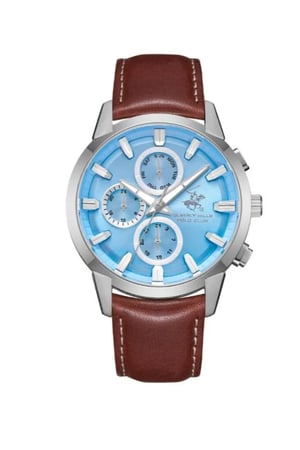 ساعة رجالية ماركة بيفرلي هيلز بولو كلوب جلد بني مينا ازرق فاتح
