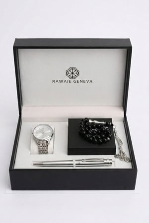 طقم رجالي فاخر ماركة فليب شارلي ساعة+قلم+مسبحه PS038 فضي