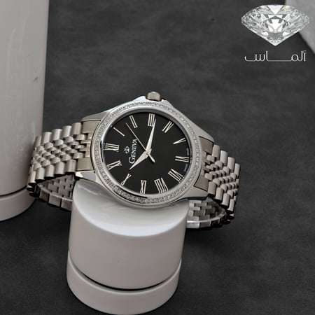 ساعة الماس ماركة جنيفا رجالي فضي مينا اسود G5423SSBK