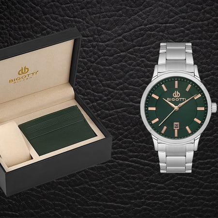 طقم ماركة BIGOTTI MILANO 10485-5رجالي فضي اخضر + محفظه اخضر