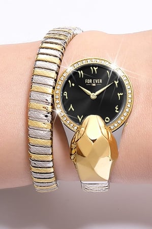 ساعة أصاله النسائية FE295 بتصميم أيقوني عالمي بالون الذهبي والفضي مع مينا اسود