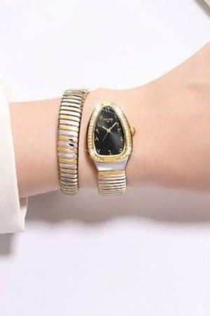 ساعة تِيجان النسائية FE296 استيل بلون ذهبي وفضي مينا اسود