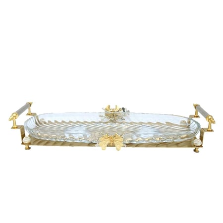 صينية تقديم الفراشة زجاج  قاعدة ذهبي وفضي