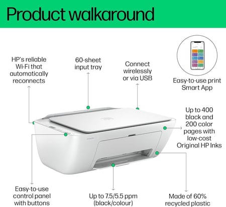 طابعة HP DeskJet Ink Advantage 2875 الكل-في-واحد – واي فاي، طباعة/نسخ/مسح