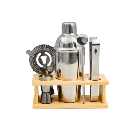 طقم شيكر كوكتيل فولاذي مع حامل خشبي وأدوات متعدده