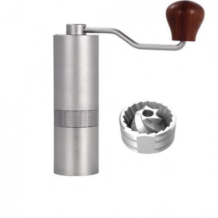 طاحونة قهوة يدوية فضية مع مقبض خشبي وترس سيراميك