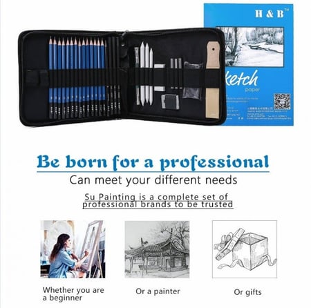 مجموعة أقلام الرسم الاحترافية H&B - 34 قطعة/المجموعة من معدات رسم فنية للرسم والرسم مع حقيبة حمل وحقيبة حمل ماركة الرسام 34 قطعة مع حقيبة