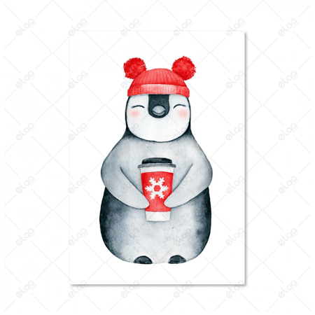 لوحة جدارية  البطريق المبهج يحمل فنجان قهوة