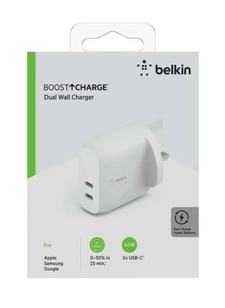 فيش جداري سريع بقوة 40w منفذين PD من belkin