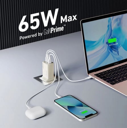 شاحن جداري انكر بتقنية جان برايم بقوة 65 واط و 3 منافذ - ذهبي