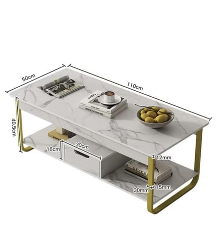 طاولة قهوة بطبقة مزدوجة مع خزائن وطاولة جانبية للأريكة وطاولة جانبية من الرخام باللون الأبيض 110 × 50 × 42 سم